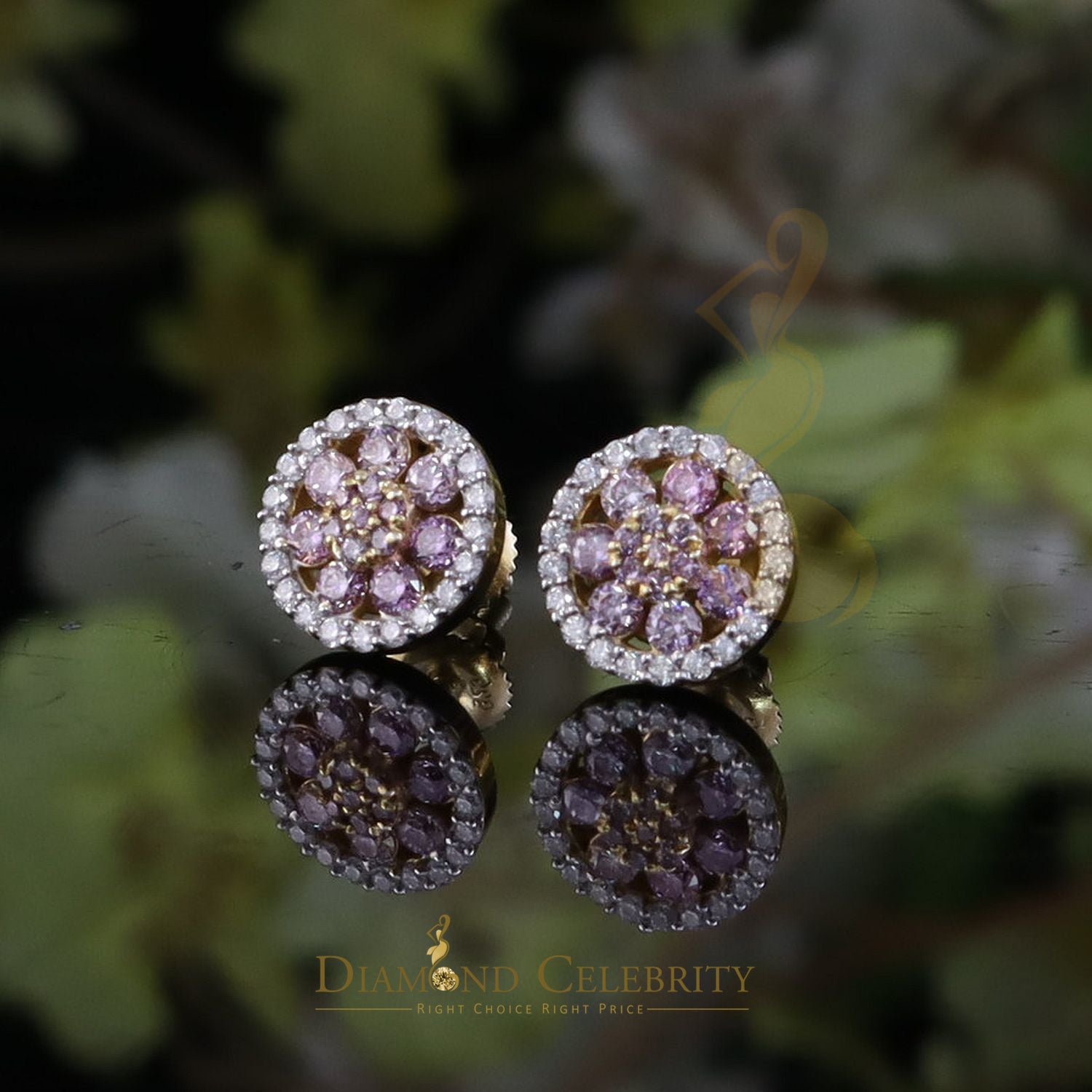 DiamondCelebritees Women's 925 Silver Yellow 0.66ct VVS 'D' Pink Moissanite Round Stud Earrings