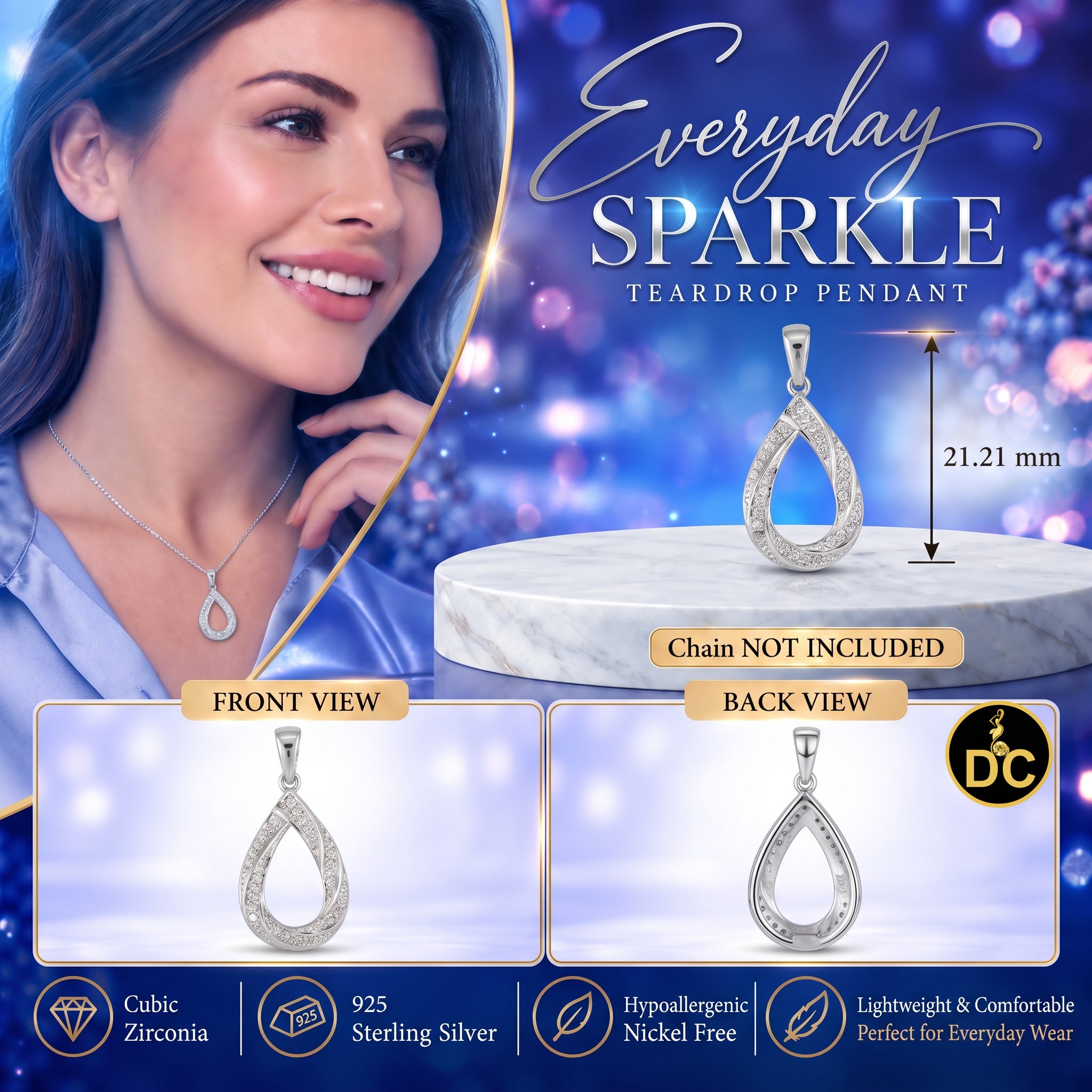 DiamondCelebritees 925 Sterling Silver Teardrop/Pear Shaped intertwined 0.37ct Cubic Zircon Pendant