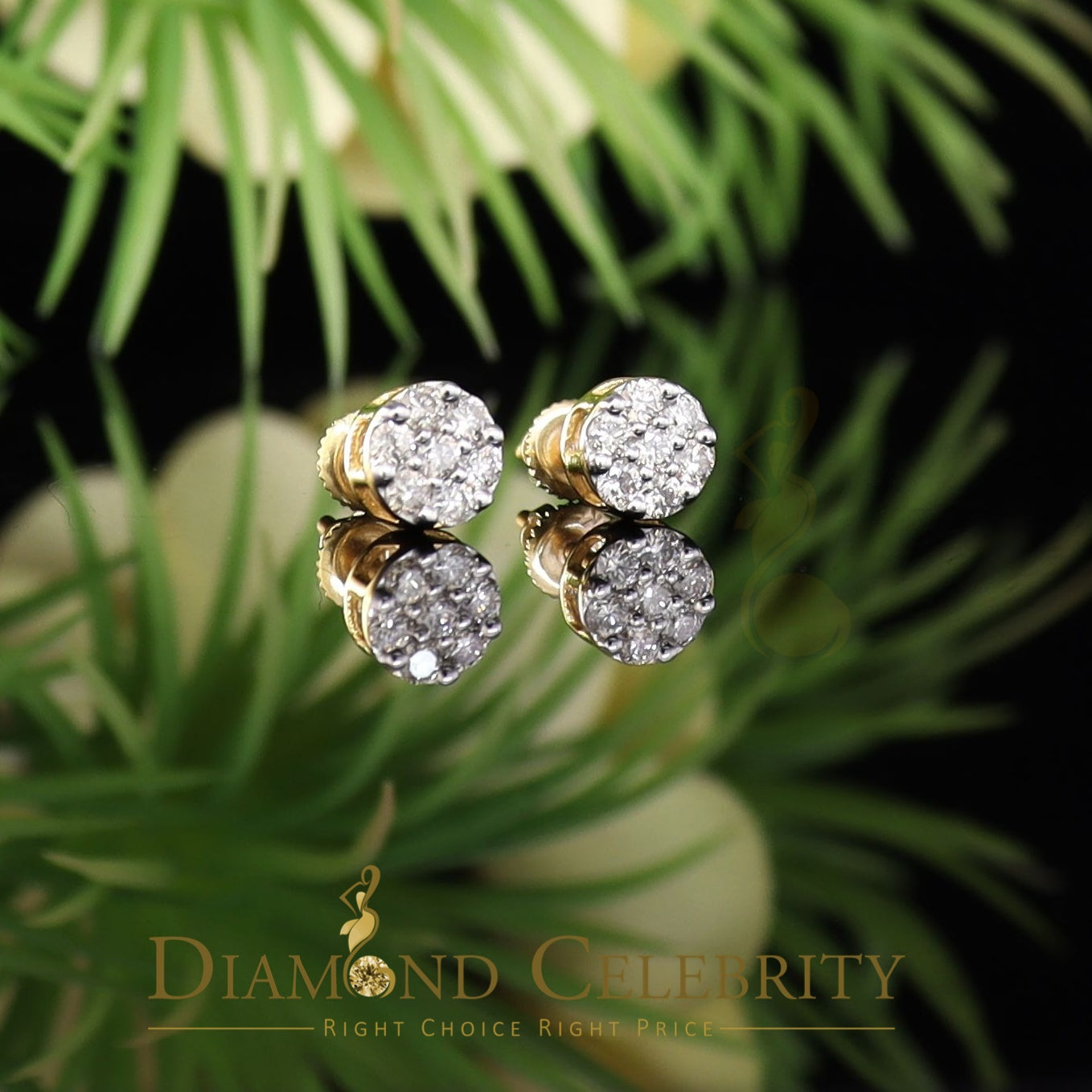 DiamondCelebritees 0.50 CT Real Diamond with 10K Real Yellow Gold with Round Stud Earrings