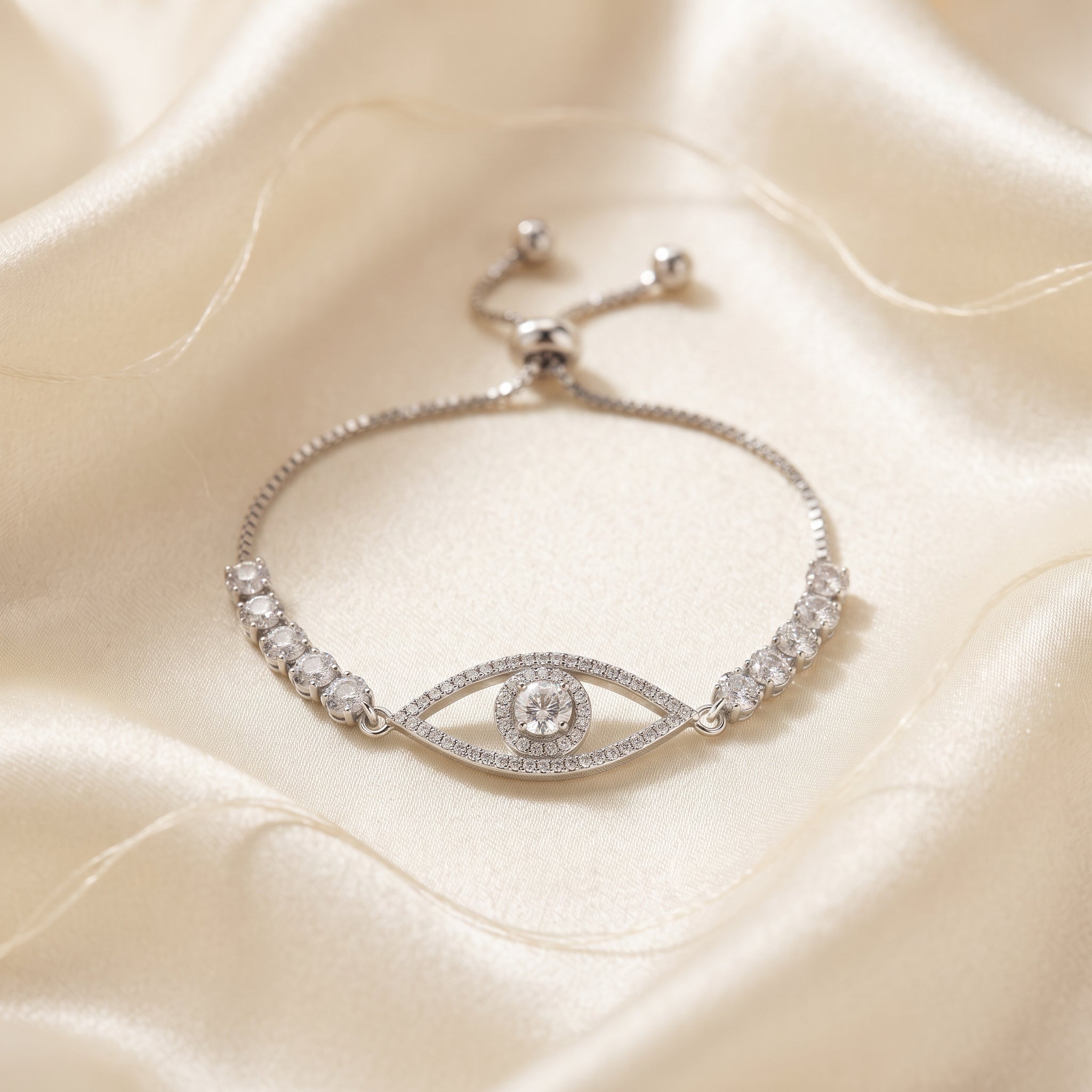 Diamondcelebritees White 925 Silver Eye Shape Bracelet Cubic Zirconia Adjustable Size 7 Inches