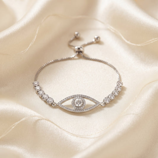 Diamondcelebritees White 925 Silver Eye Shape Bracelet Cubic Zirconia Adjustable Size 7 Inches