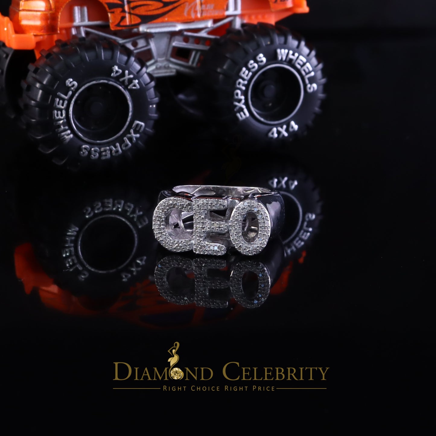 DiamondCelebritees Stylish 925 White Silver 0.40ct Real Micro Diamond Men's "CEO" word Ring SZ 8