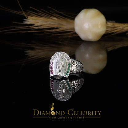 DiamondCelebritees White 925 Silver Saint Jude Thaddeus Pink & Green CZ Horse Shoe Women Ring SZ 6