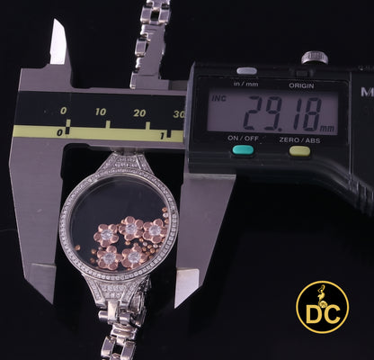 Diamondcelebritees 925 White Sterling Silver Floating Flower Glass / Beads CZ Watch Style Bracelet