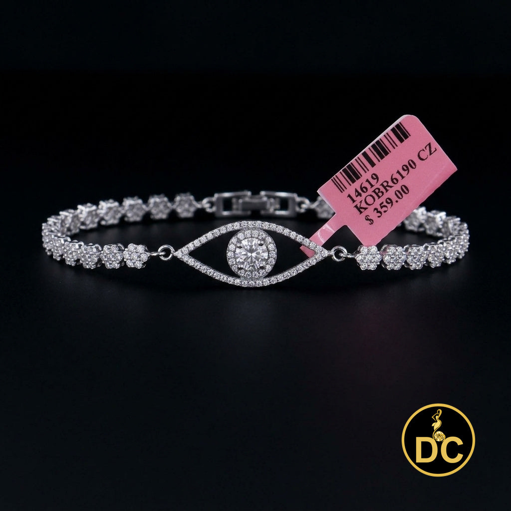 Diamondcelebritees White 925 Silver Eye Shape Bracelet Cubic Zirconia Adjustable Size 7 Inches