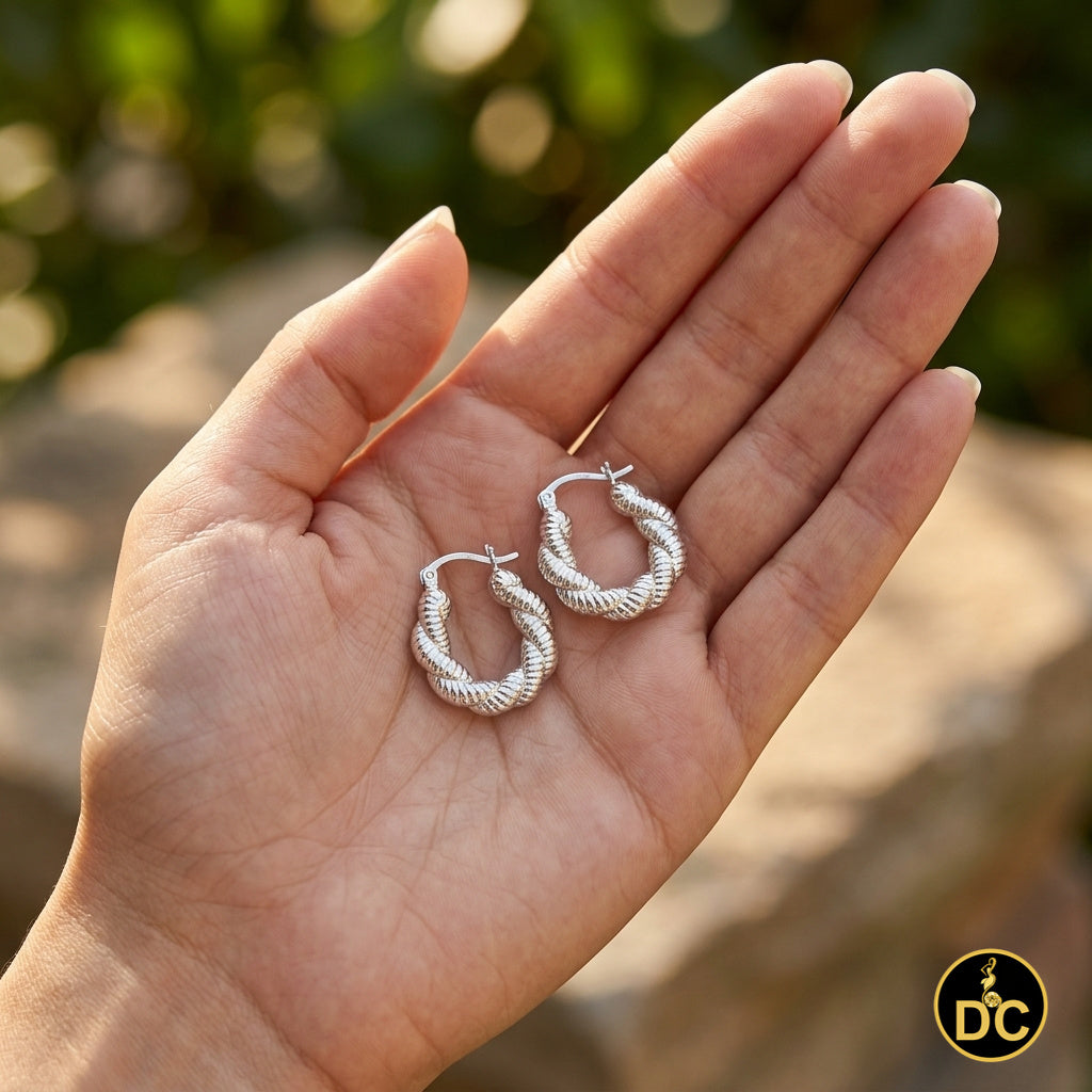925 Sterling Silver Clasic Ribbed Twisted Rope/Braided Shrimp 19mm Hoop Earring