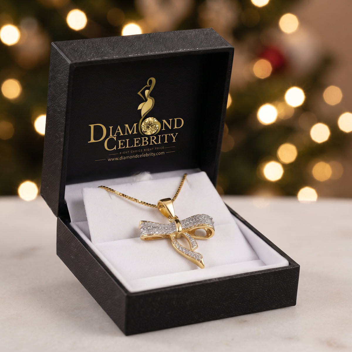 DiamondCelebritees  925 Sterling Silver Real 0.05CT Diamond Ribbon Bow Yellow 18mm Necklace Pendant