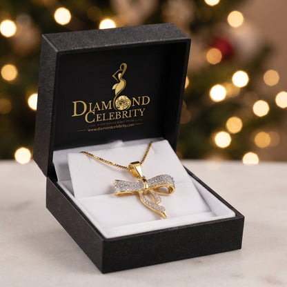 DiamondCelebritees  925 Sterling Silver Real 0.05CT Diamond Ribbon Bow Yellow 18mm Necklace Pendant