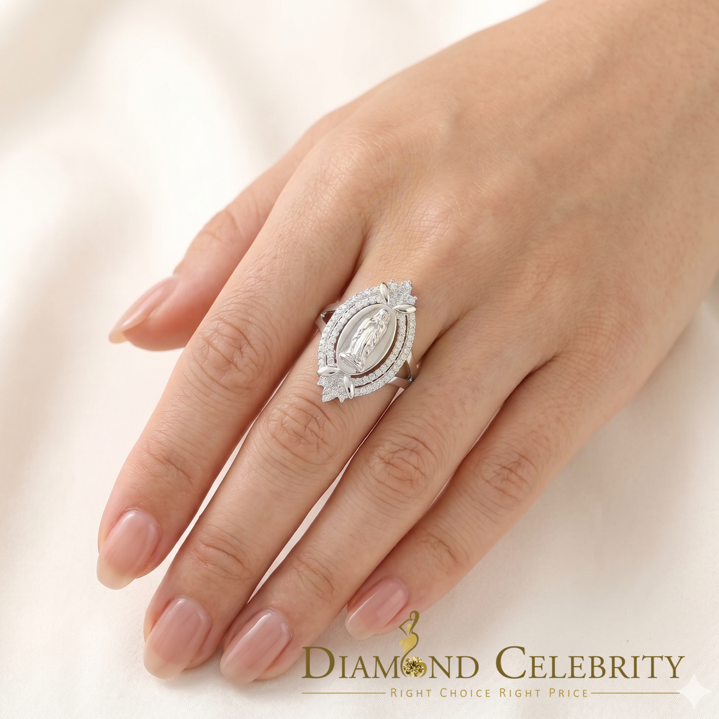 DiamondCelebritees 925 Silver White CZ Stone Blessed Virgin Mary Miraculous Medal Women Ring SZ 8
