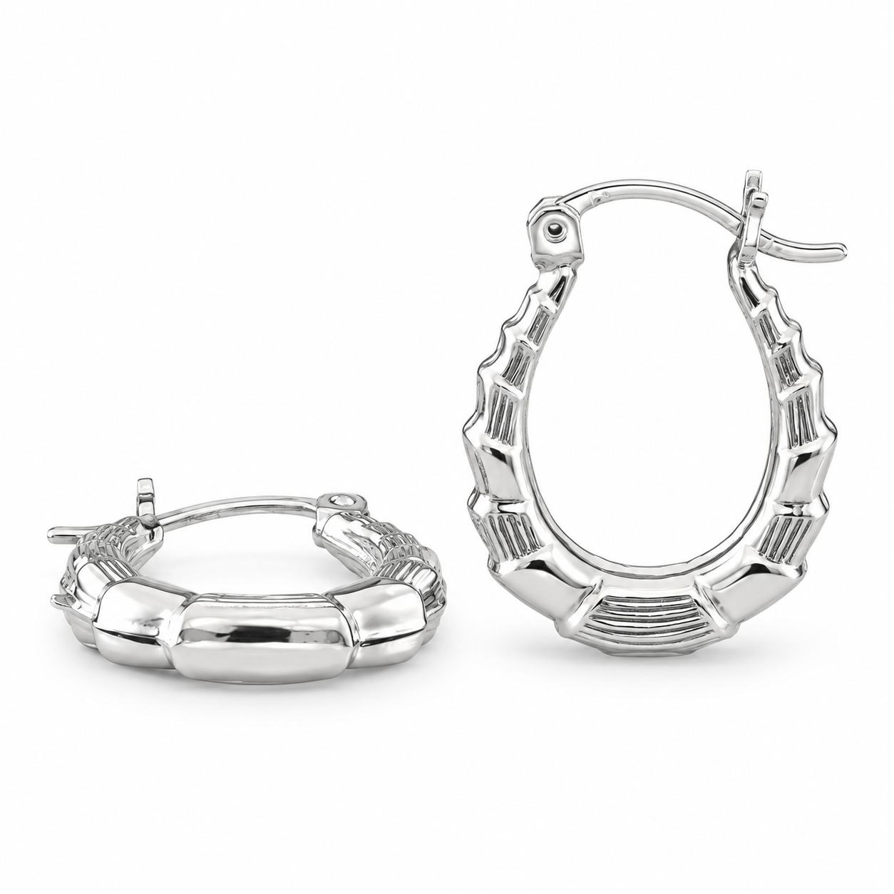 925 Sterling Silver Bamboo Texture Ridged Section Classic Oval 15mm Hoop Earring