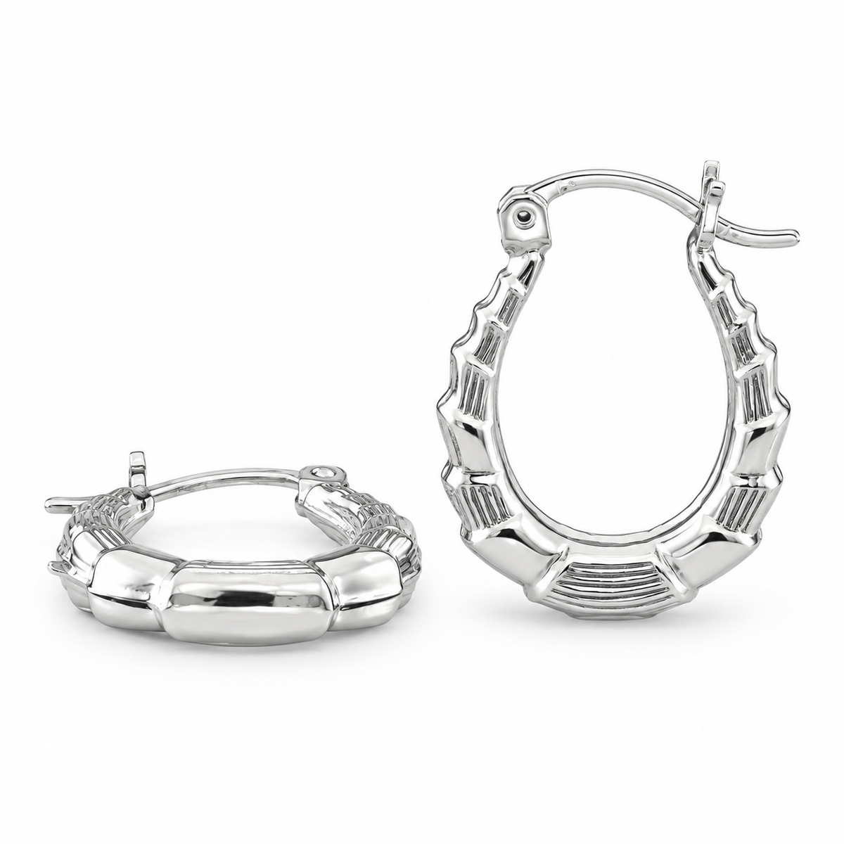 925 Sterling Silver Bamboo Texture Ridged Section Classic Oval 15mm Hoop Earring