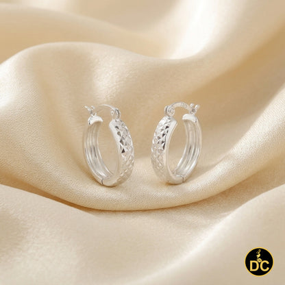 925 Sterling Silver Shiny Diamond-Cut Wide Reflective Textured 18mm Hoop Earring
