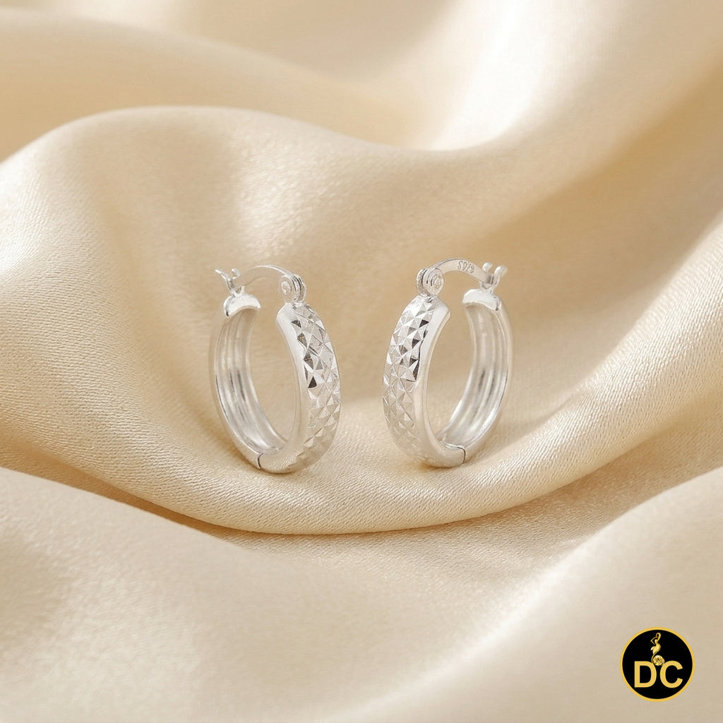 925 Sterling Silver Shiny Diamond-Cut Wide Reflective Textured 18mm Hoop Earring