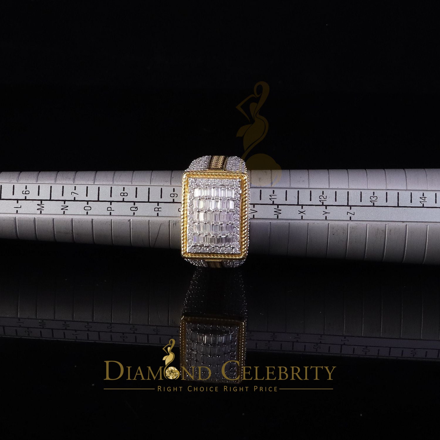 DiamondCelebritees Men's Baguette 4.50ct VVS 'D' Moissanite Yellow Silver 3D Rectangle Rings SZ 10