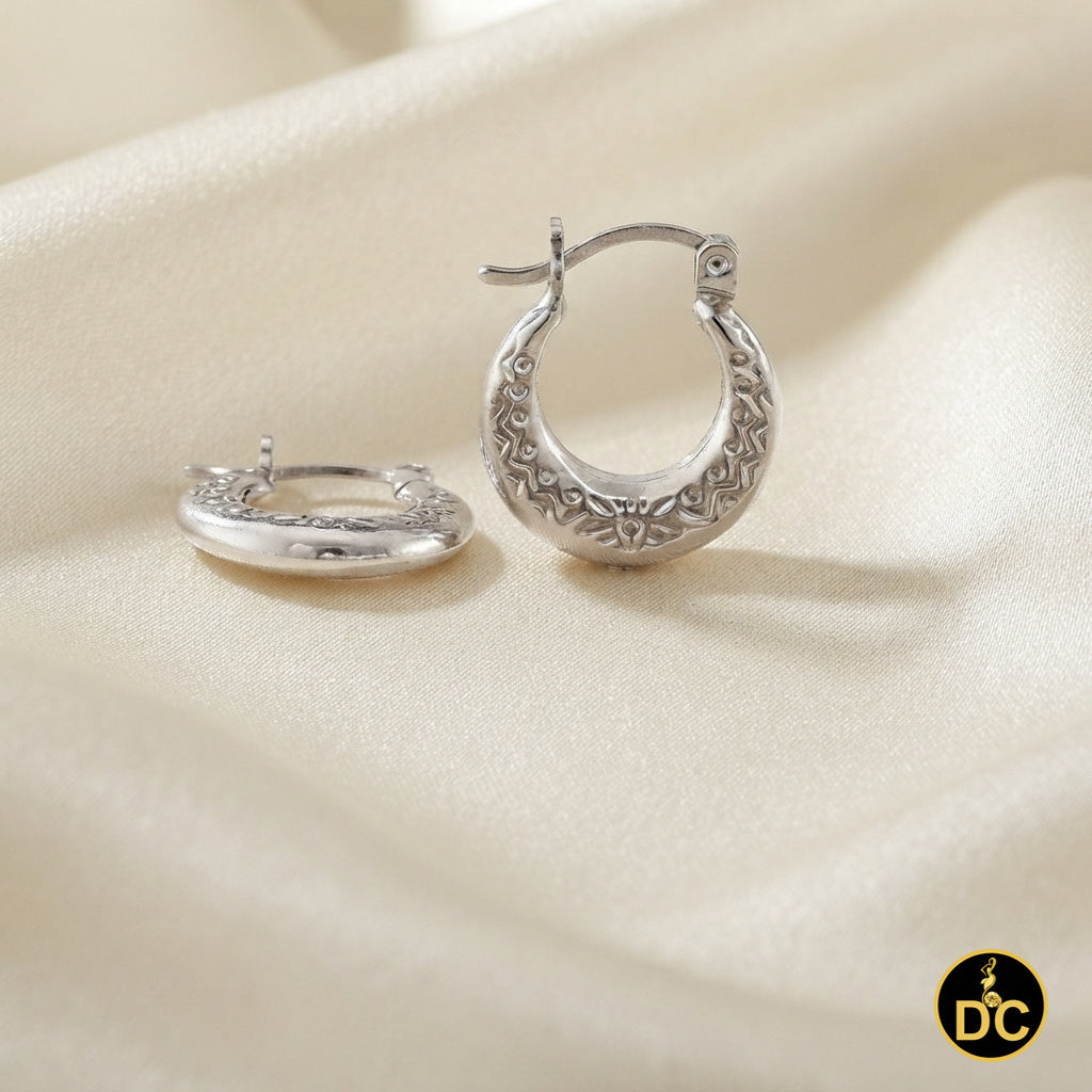 925 Sterling Silver Vintage or Ethnic-Style Filigree Floral 15mm Hoop Earrings