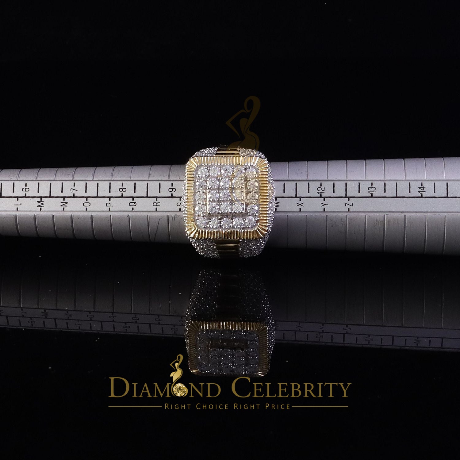 DiamondCelebritees Men's 925 Sterling Silver 6.50ct VVS 'D' Moissanite Square Yellow Rings Size 10