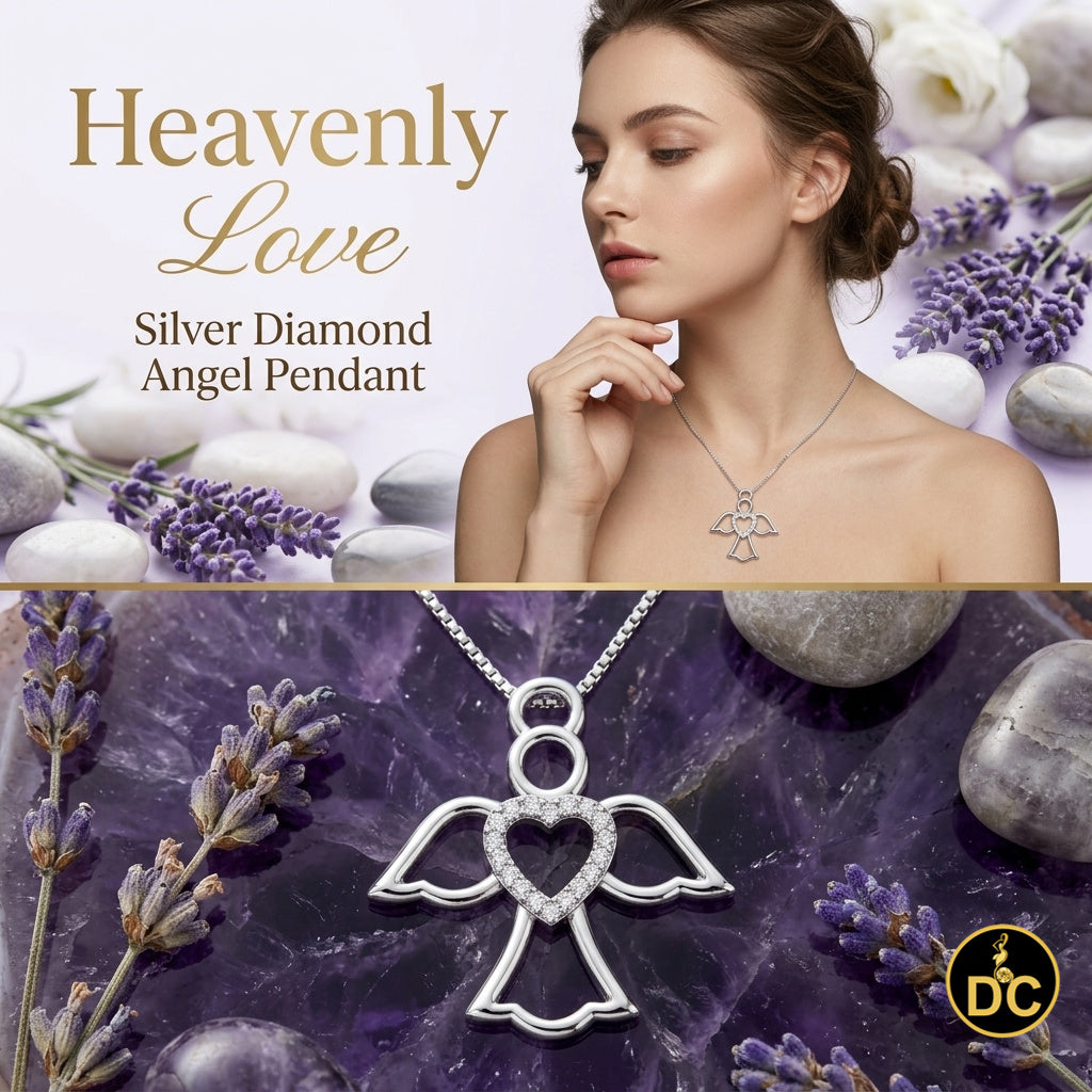 DiamondCelebritees  925 Silver White Heart-Shaped Guardian Angel Pendant W/ Real 0.05CT Diamond