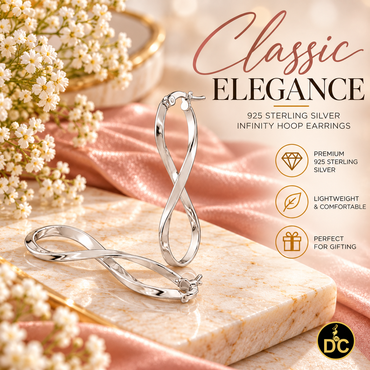 925 Silver Twisted Figure 8 Infinity symbol/crazy 8 silhouette 35mm Hoop Earring
