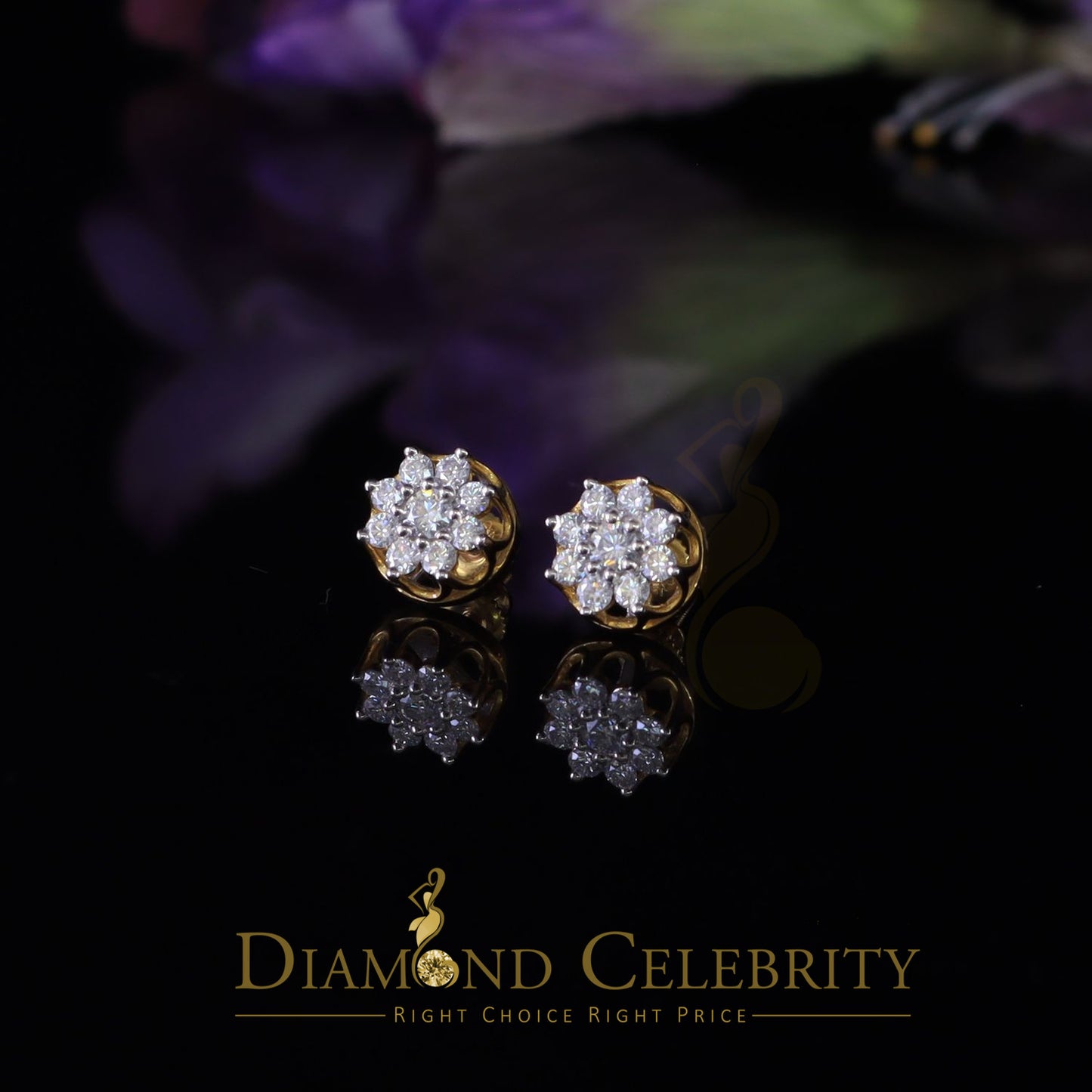 DiamondCelebritees FLORAL Earrings 10k Real Yellow Gold 1.00ct Vvs 'D' Color Genuine Moissanite