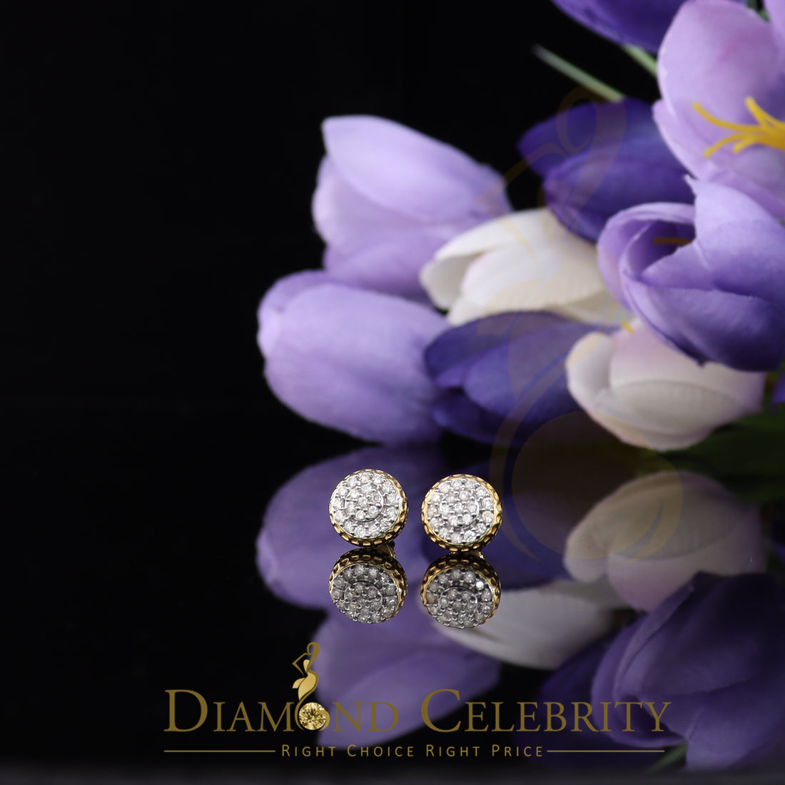 DiamondCelebritees 10K Real Yellow Gold with 0.33 CT Real Diamond Round Stud Earrings