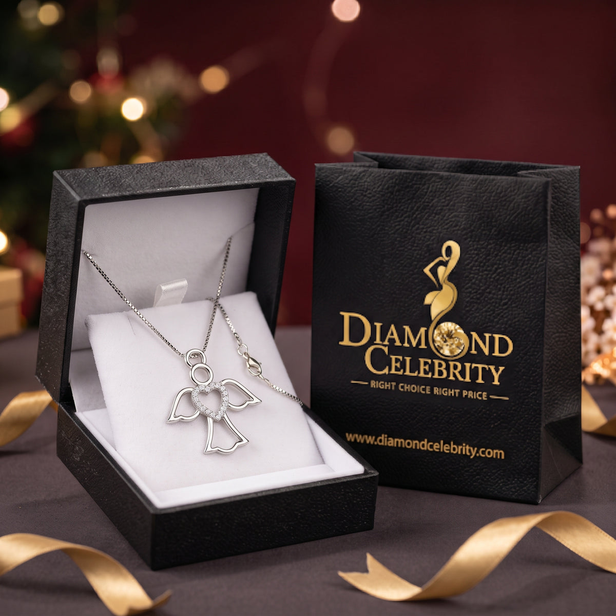 DiamondCelebritees  925 Silver White Heart-Shaped Guardian Angel Pendant W/ Real 0.05CT Diamond