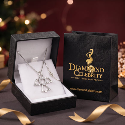 DiamondCelebritees  925 Silver White Heart-Shaped Guardian Angel Pendant W/ Real 0.05CT Diamond