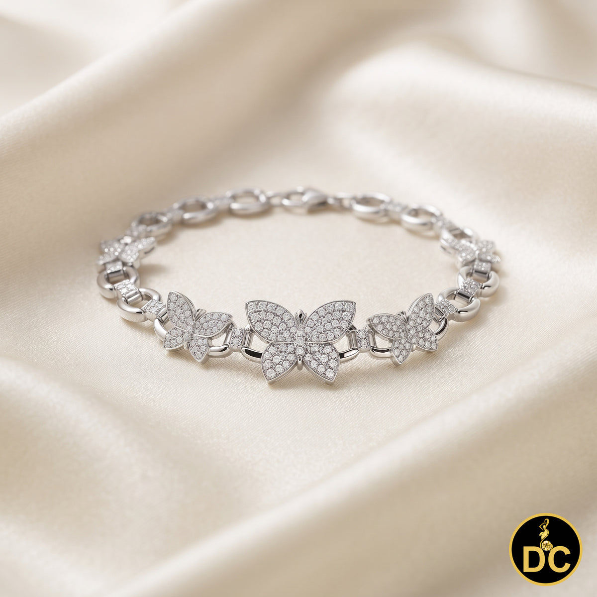 Diamondcelebritees 925 White Silver Multi Butterfly Link CZ Bracelet 1.69ct Cubic Zirconia SZ 7