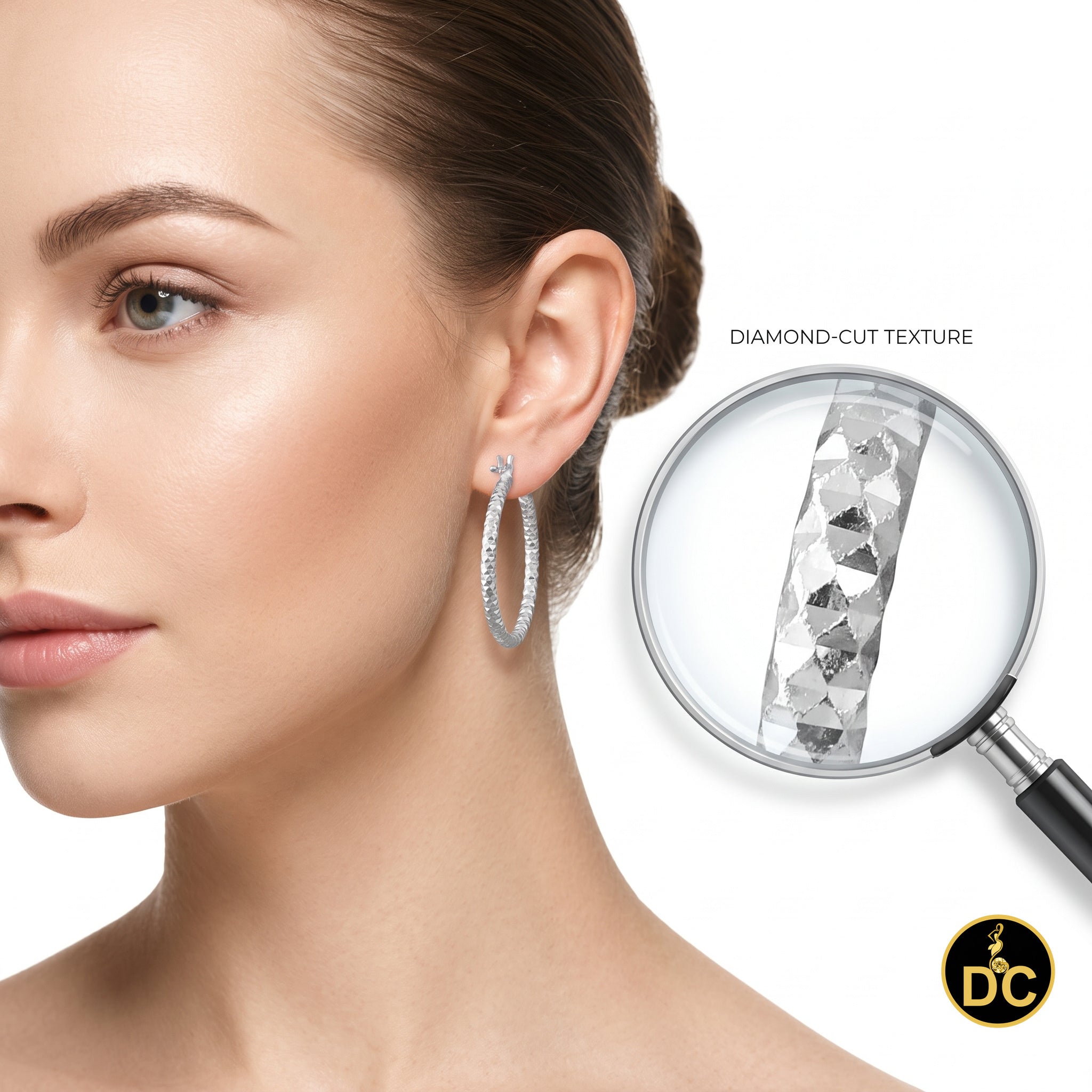 925 Sterling Silver Diamond-Cut Shimmering Honeycomb Textured 19mm Hoop Earrings