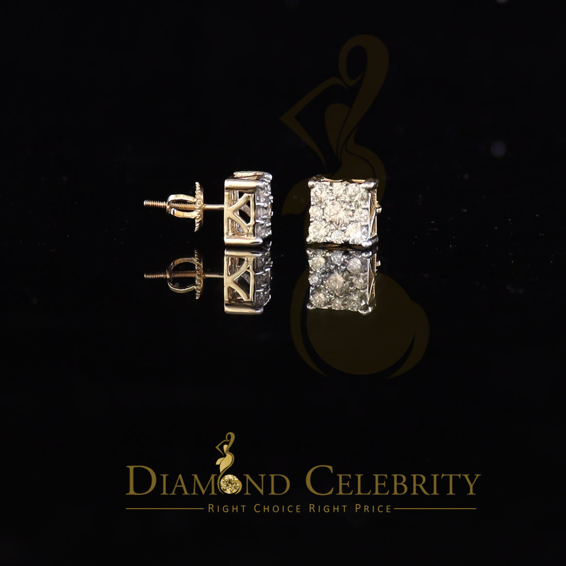 DiamondCelebritees 10K Real Yellow Gold with Real 1.50ct Diamonds Square Stud Earrings