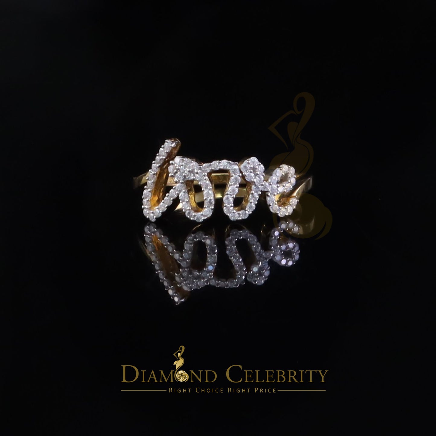 DiamondCelebritees 925 Sterling Yellow Silver 0.33ct VVS 'D' Moissanite 'Love' Rings SZ 7 for Women