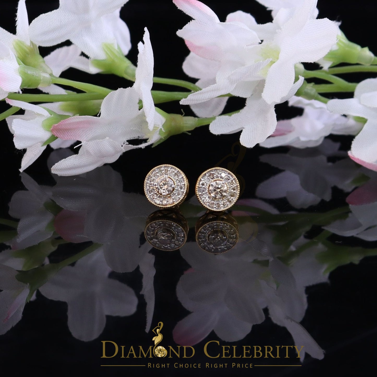 DiamondCelebritees Real 10k Yellow Gold Round Stud 0.50ct Earrings with Real Diamonds