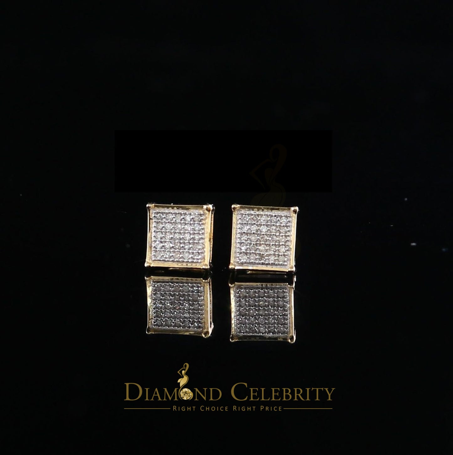 DiamondCelebritees Real 10k Yellow Gold Square Stud Earrings with 0.15CT Real Diamonds