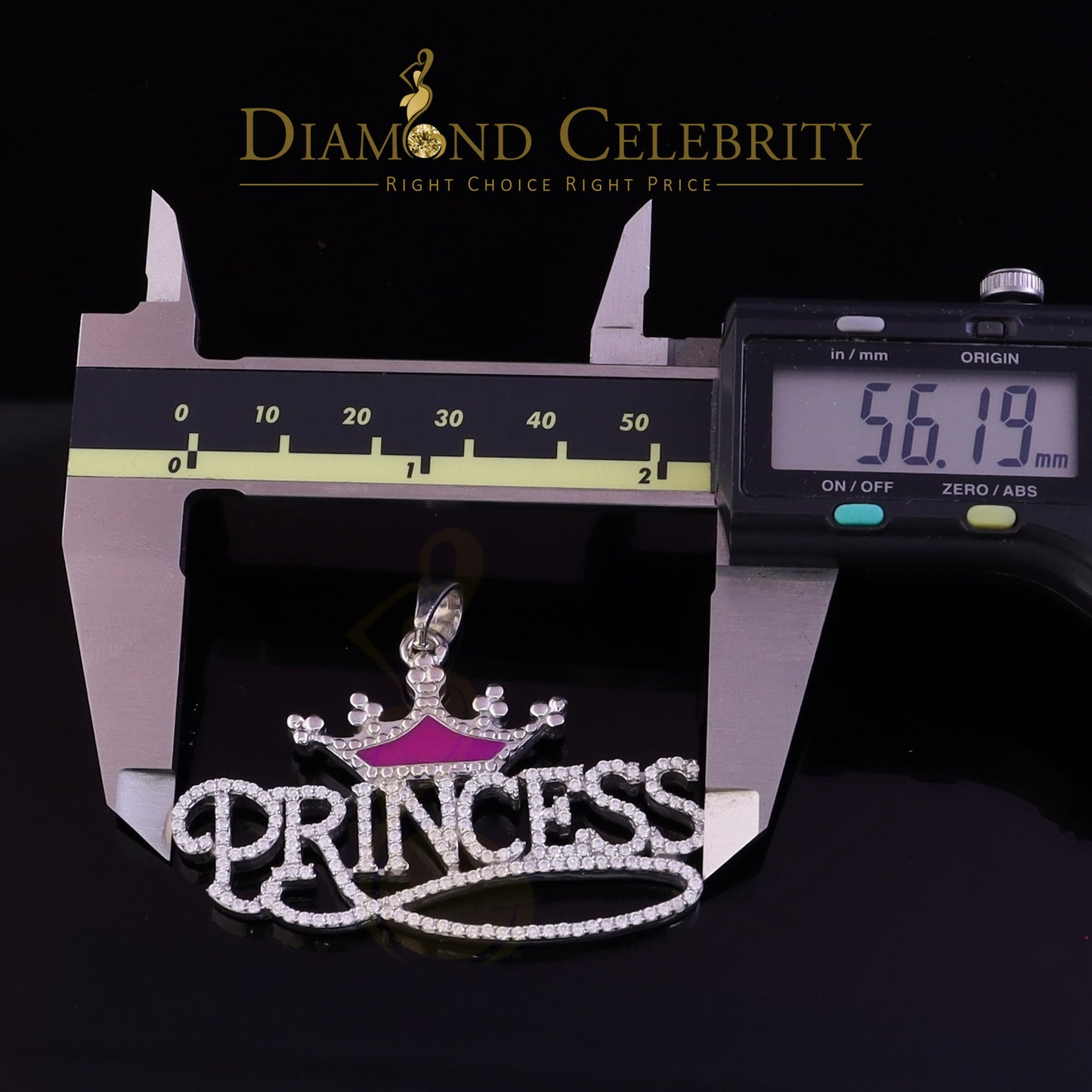 Diamondcelebritees  3ct Real Moissanite 925 Silver "PRINCESS" with Pink Enamel crown White Pendant