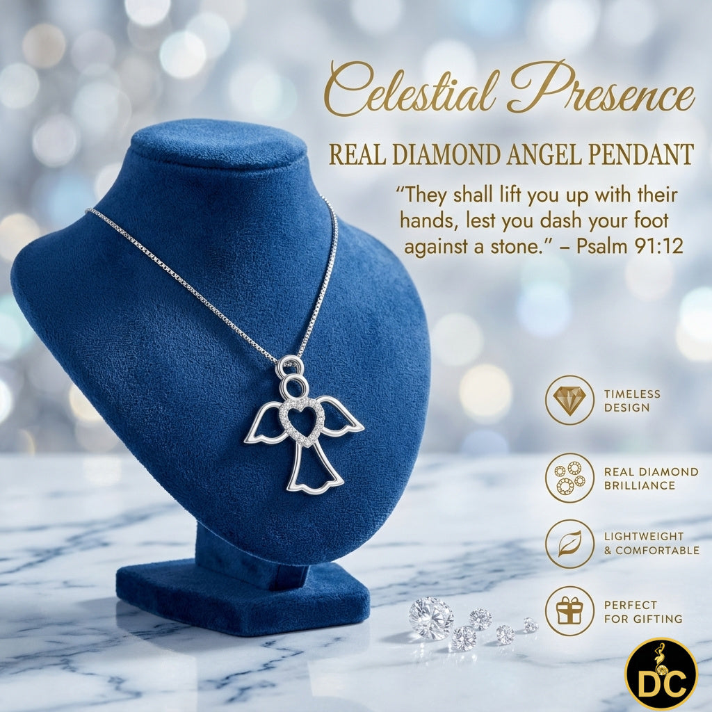 DiamondCelebritees  925 Silver White Heart-Shaped Guardian Angel Pendant W/ Real 0.05CT Diamond