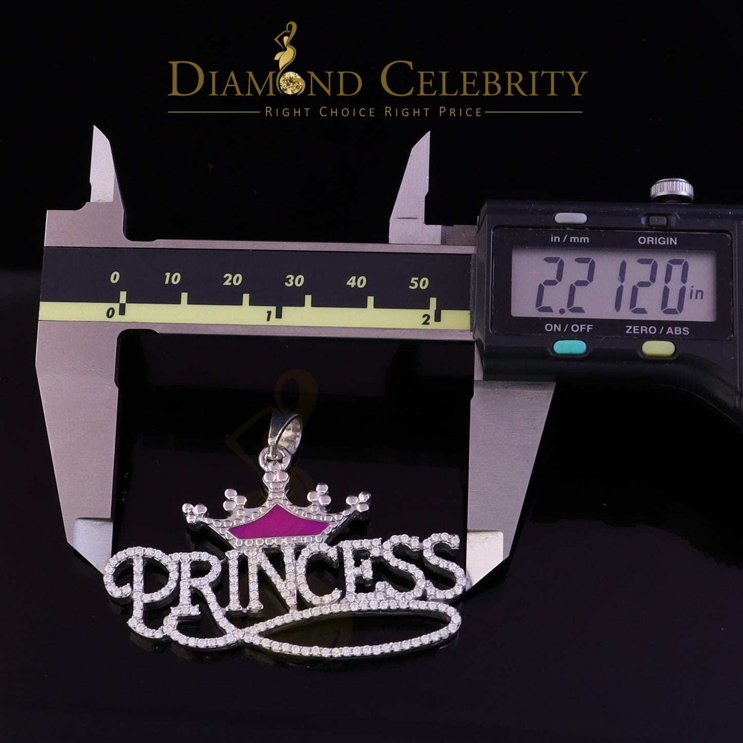 Diamondcelebritees  3ct Real Moissanite 925 Silver "PRINCESS" with Pink Enamel crown White Pendant