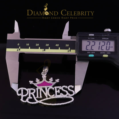 Diamondcelebritees  3ct Real Moissanite 925 Silver "PRINCESS" with Pink Enamel crown White Pendant