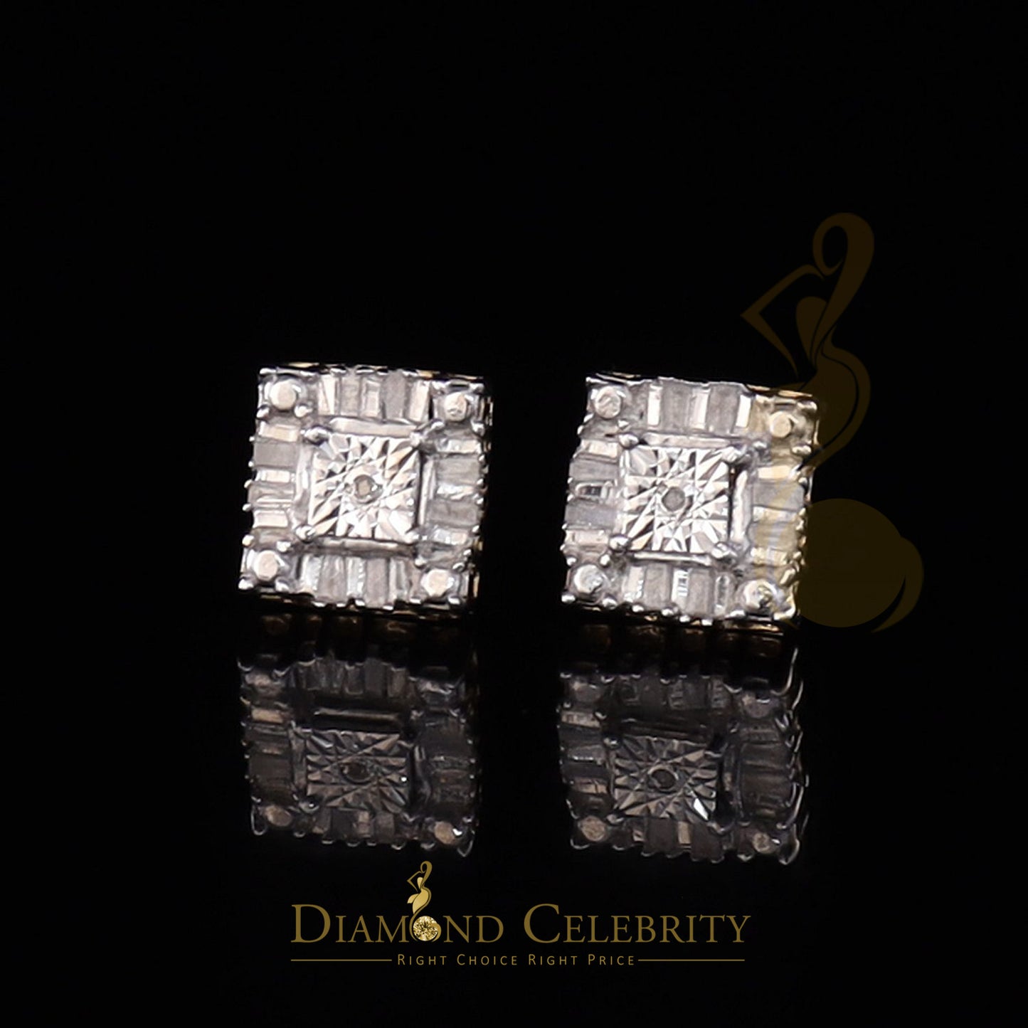 King of Blings-Micro Pave Yellow 925 Silver 0.20ct Real Diamond Men & Women Square Earrings