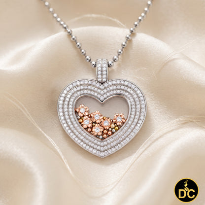 DiamondCelebritees 925 White Silver Heart Floating Flower /Bead in a Glass Cubic Zirconia Pendant