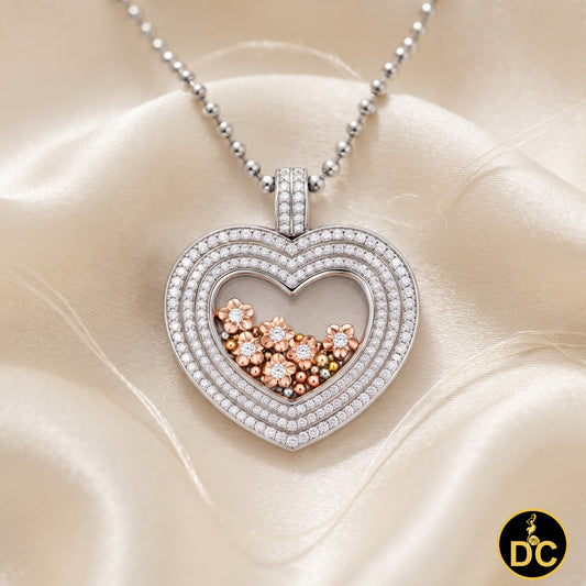 DiamondCelebritees 925 White Silver Heart Floating Flower /Bead in a Glass Cubic Zirconia Pendant