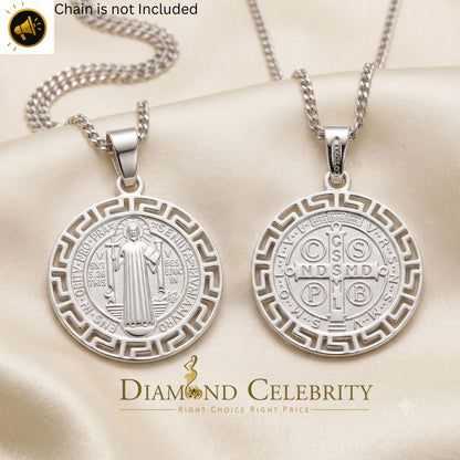 DiamondCelebritees 925 Sterling Silver Double Side Benedict Men's/Women's Pendant White Religious
