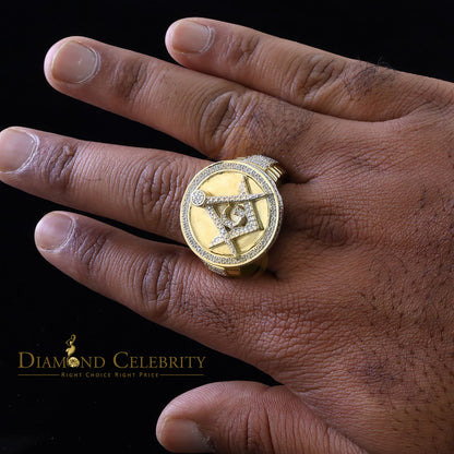 0.25 CT Diamond Men's Silver 925 Yellow Adjustable Masonic Ring From SZ 10 to 12