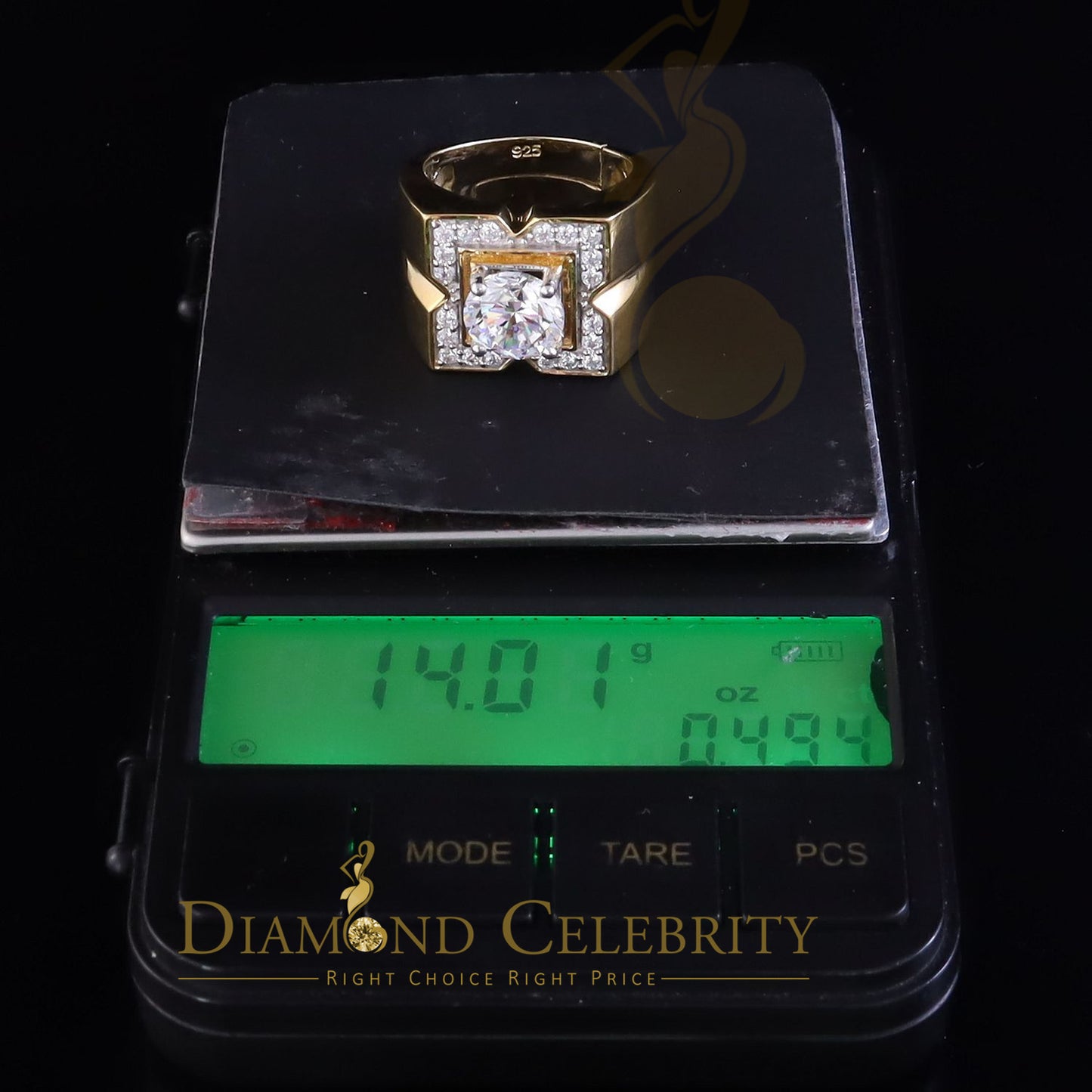 DiamondCelebritees 4.50ct Cubic Zirconia Yellow 925 Silver Men's Adjustable Ring SZ From 9 to 11