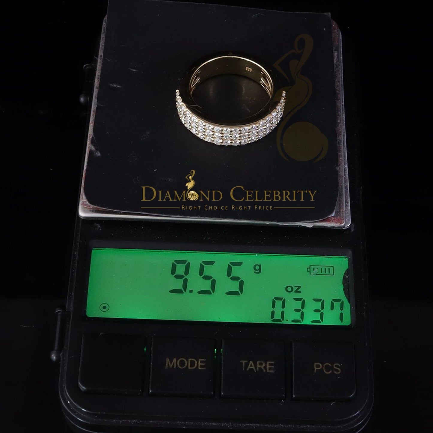 DiamondCelebritees Men's 925 Silver Yellow 2.00ct VVS D Moissanite 3 Row Wedding Band Ring Size 10