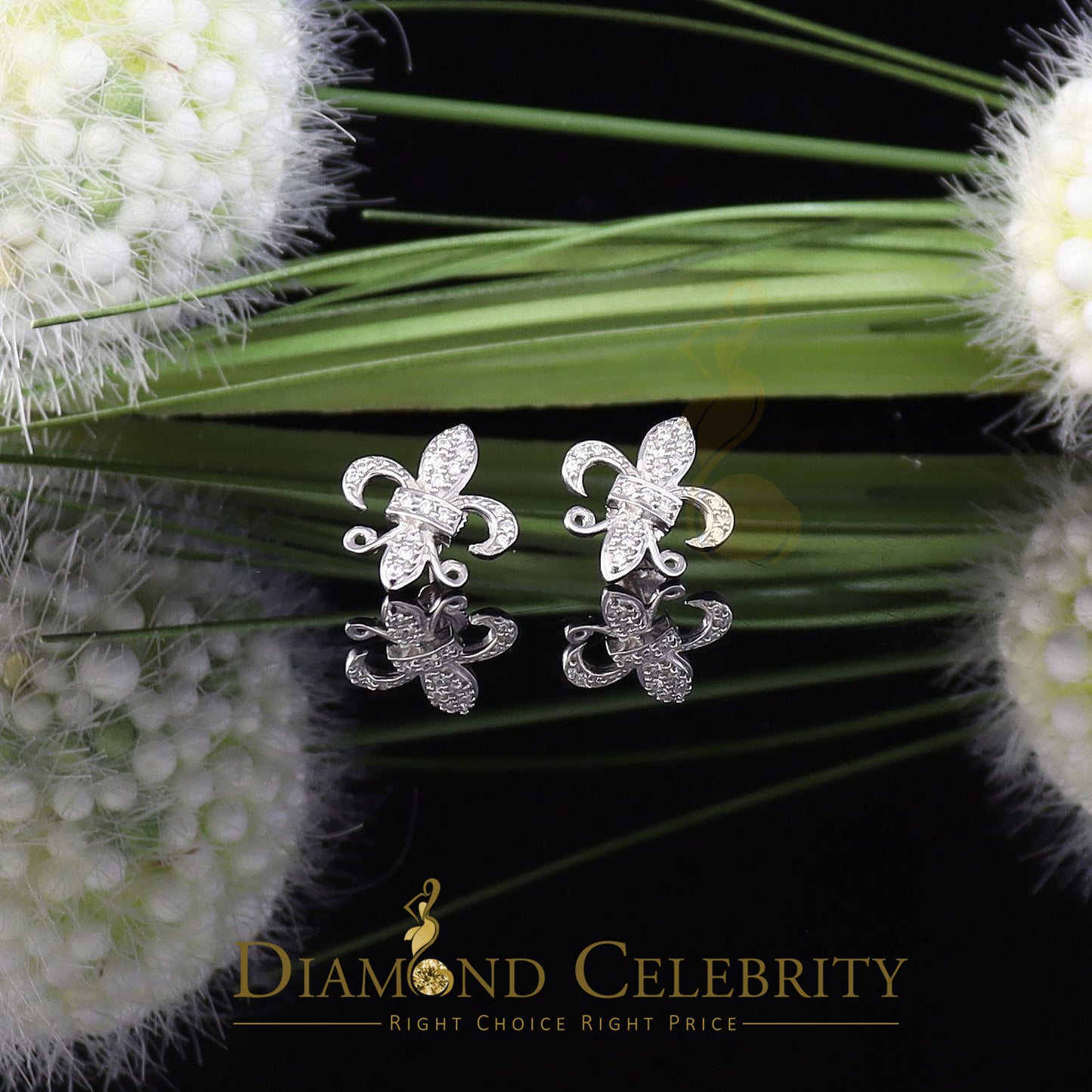 DiamondCelebritees  925 White Silver Women's Fleur de Lis Screw Back 0.36ct Cubic Zirconia Earrings