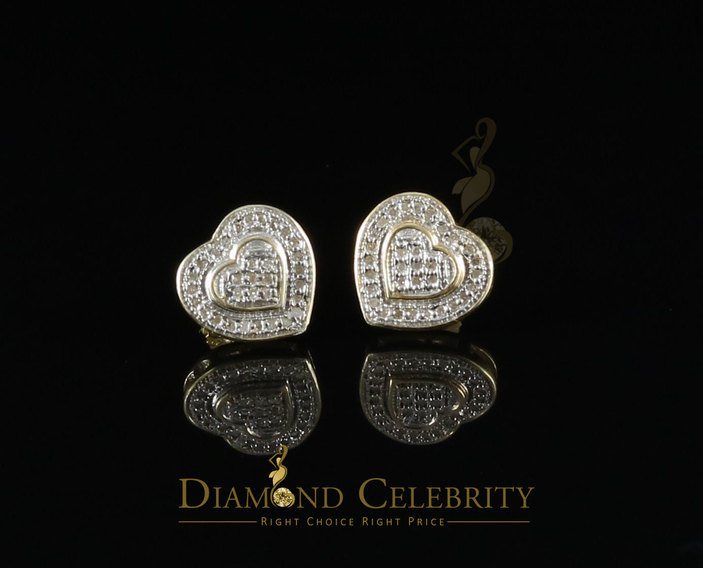 DiamondCelebritees 0.10ct Diamond Heart Earring Yellow 925 Sterling Silver Stud For Men's & Women's