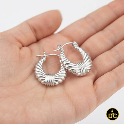 925 Silver Textured Shrimp or croissant Shape Italian Oval 14mm Hoop Earrings