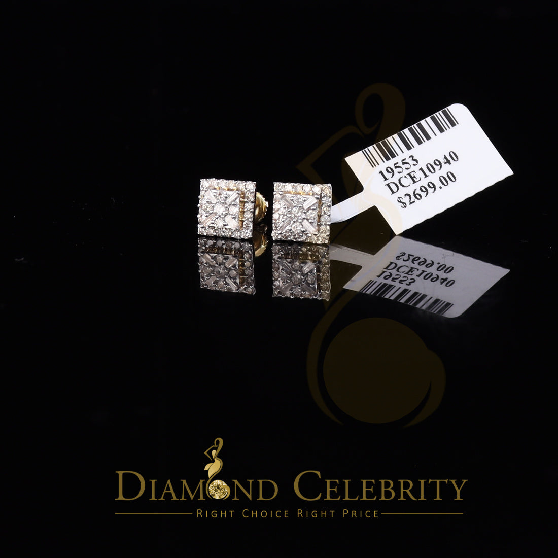 DiamondCelebritees 0.75 CT Real Diamond with 10K Real Yellow Gold Square Stud Earrings