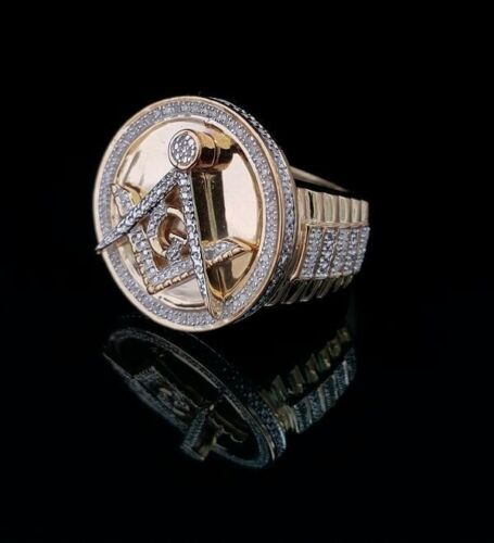 0.25 CT Diamond Men's Silver 925 Yellow Adjustable Masonic Ring From SZ 10 to 12