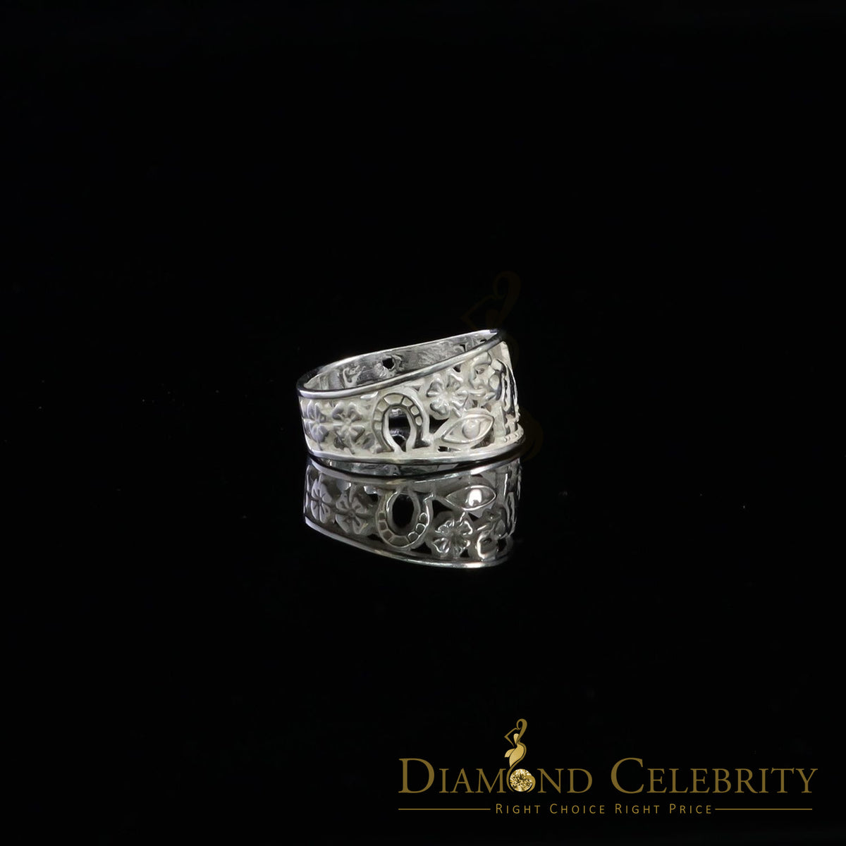 DiamondCelebritees Religious White 925 Sterling Silver Open Lucky Symbol Band Women's Ring SZ 7