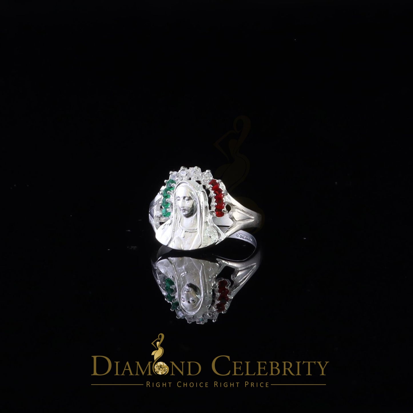 DiamondCelebritees Religious White 925 Silver Cubic Zirconia Mother Mary Face Women's Ring Size 7